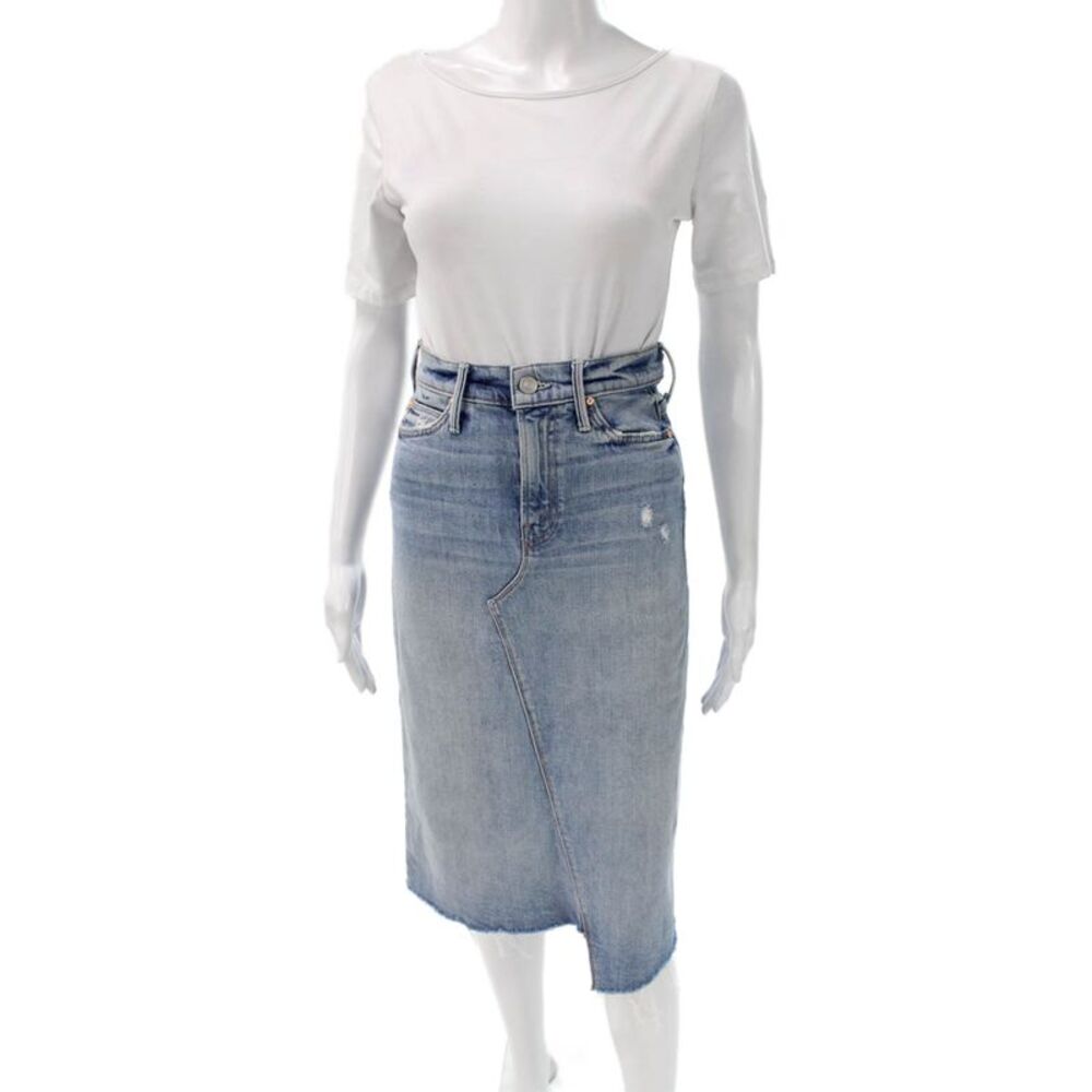 Mother Womens Straight Pencil Long Blue Cotton Button Skirt Size 24